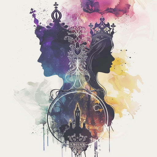 Surreal tattoo sketch of a king and queen with their realms within their silhouettes, dreamy colors, clipart style