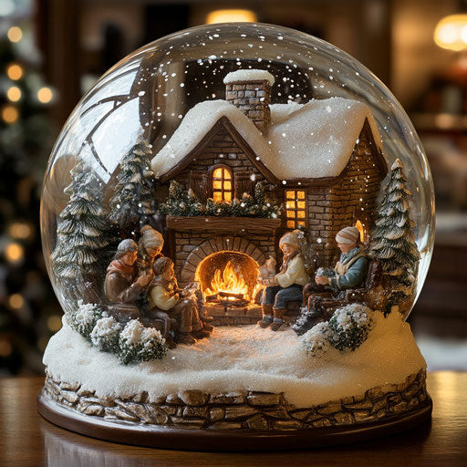 Warm family by the fireplace in a snow globe