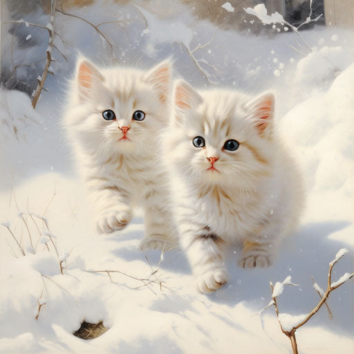 White cat kittens playing in the snow