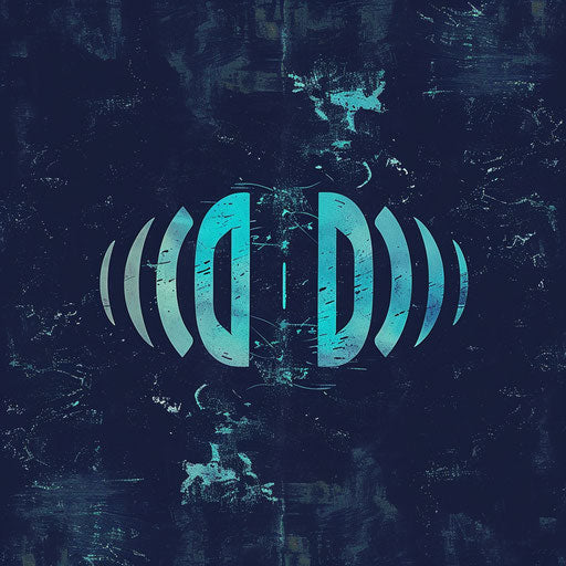 Audio logo in navy and cyan with a textured background
