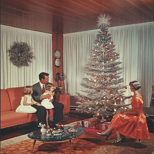 1950s Christmas scene with family around aluminum tree