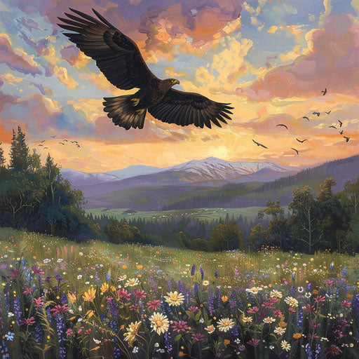 Eagle flying over high-altitude meadow blooming at golden hour