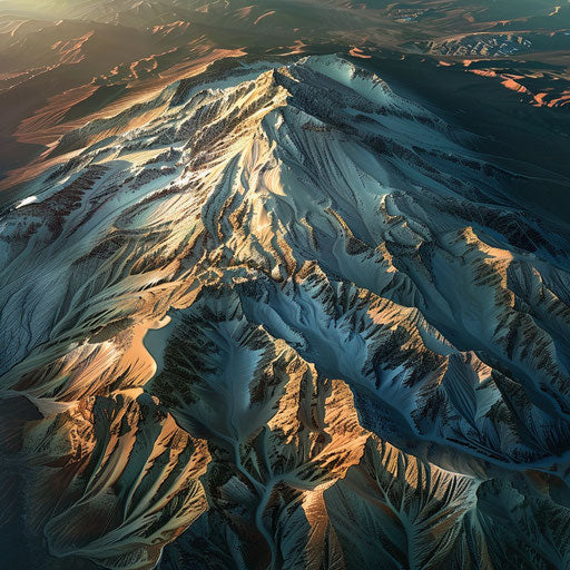 High-altitude view of Shasta Mountain, intricate rugged patterns