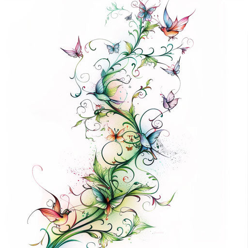 Whimsical vine tattoo design with fairies and magic on white