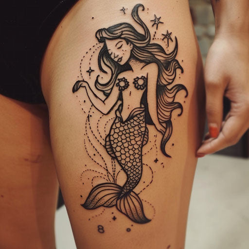 Outline tattoo of a mermaid, Sailor Jerry style