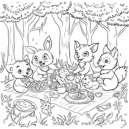 Happy forest animals picnicking in a group