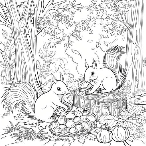 Squirrels collecting nuts in a busy autumn forest