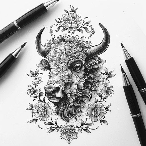 Elegant bison tattoo sketch with intricate floral patterns