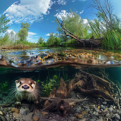 Otter habitat, panoramic underwater view to riverbank