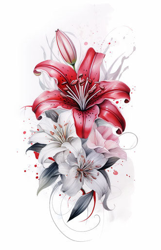 Rose and lily in tattoo on white background, dark silver and light red style, holotone printing, dark pink and red, naturecore, rusticcore, feminine sensibilities, magewave 11:17
