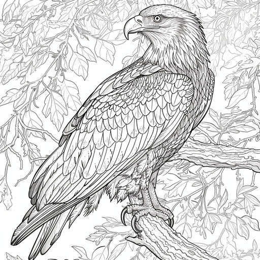 Eagle on a tree branch with bark and foliage details