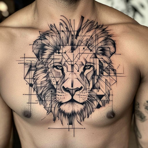 Lion chest tattoo with lion's face and abstract geometric shapes