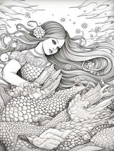 Mermaid coloring page with seashells and waves, david nordahl style
