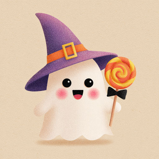 Friendly Ghost with Wizard Hat and Lollipop