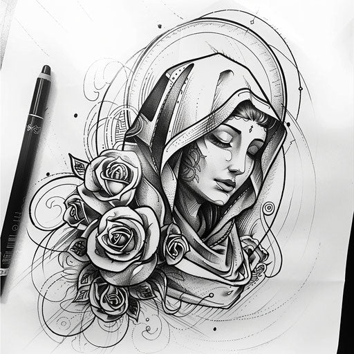 Tattoo sketch of a Chicano art Virgin Mary with roses, soft shading and fine lines