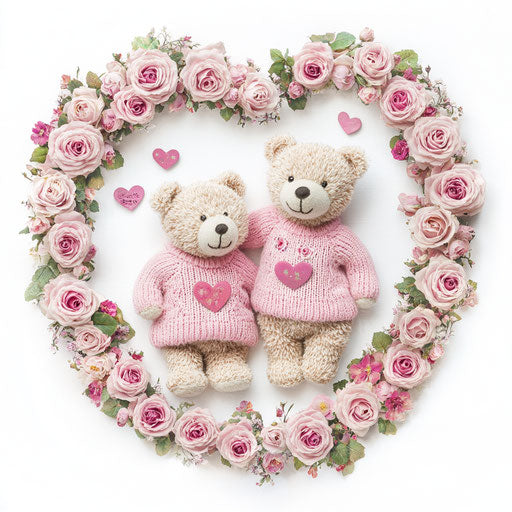 Sweet teddy bear pair in pink sweaters among roses, encircled by heart-shaped rose wreaths on white background