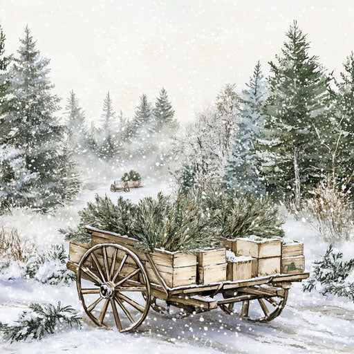 Winter Christmas scene with old wooden wagon and snowy pine trees