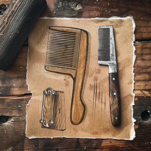 Rustic flat tattoo sketch of wooden barber comb and old-fashioned razor
