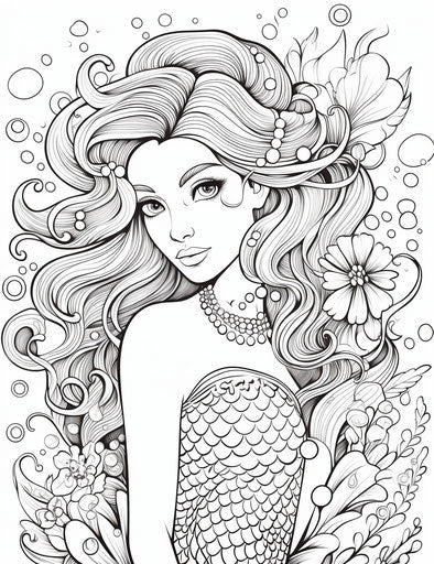 Mermaid girl coloring pages, in the style of captivating, colorful cartoon