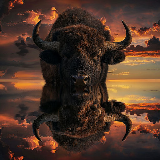 Buffalo in water with a reflection at sunset