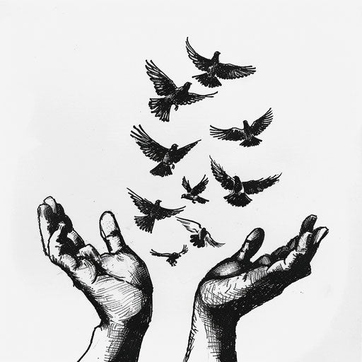 Minimalist black and white tattoo sketch of open hands releasing birds, freedom concept