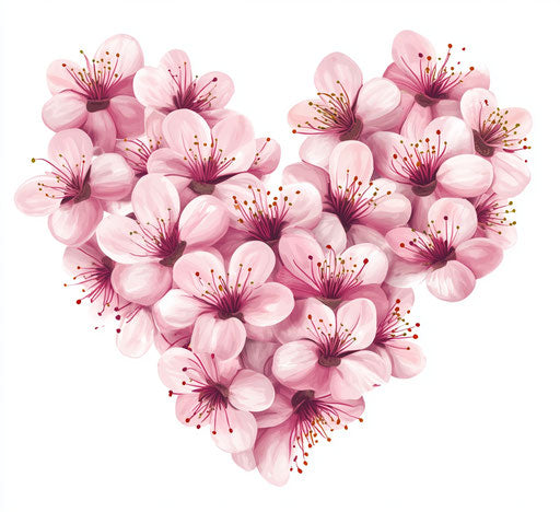 Pink cherry blossoms heart-shaped clipart on white background