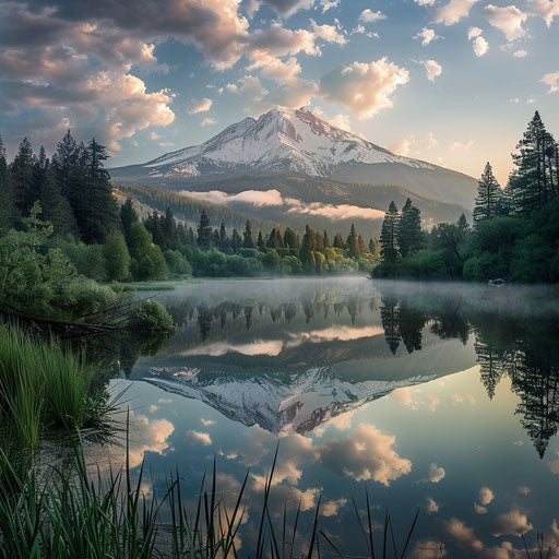 Reflection of majestic Shasta Mountain at dawn on a serene lake