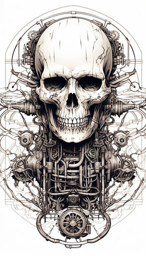 Robot with symbol, detailed pen and ink style illustration