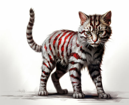The bobtail cat walking on a white background with red stripes, in the style of kevin hill, expansive, exaggerated features 31:25