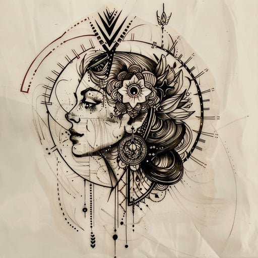 Stylish tattoo sketch of Artemis with Art Deco patterns and shapes