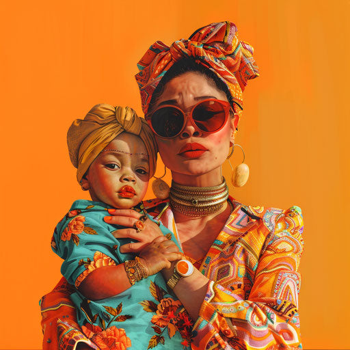 Mom clipart in photo realistic style with a flat random background, high contrast and saturated hues