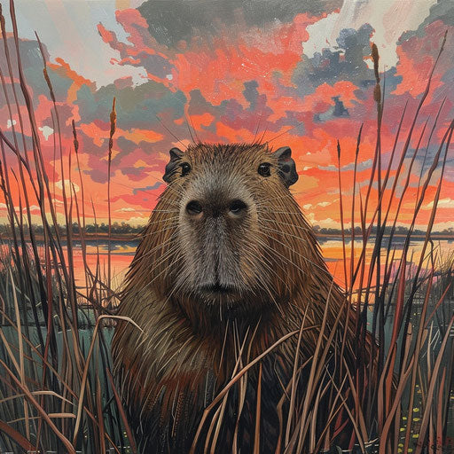 Capybara in reeds with dramatic sky