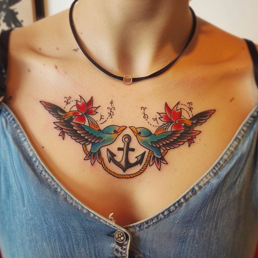 Traditional collarbone tattoo with anchors and swallows