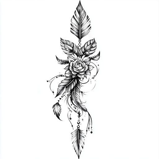 Bohemian upper arm tattoo with arrow and feathers