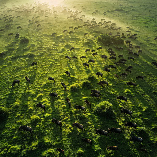 Panoramic view of wildebeest grazing on a lush green plain