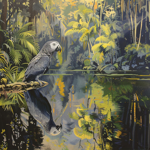 Reflective African grey parrot by a tranquil river