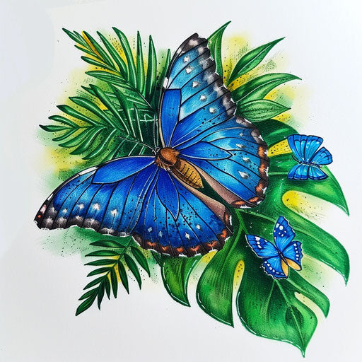Nature-inspired flat tattoo sketch of a blue butterfly on a lush green leaf