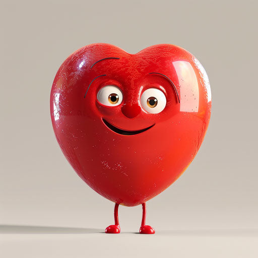 Cartoon character drawing in the shape of a red heart, with shiny eyes, smilecore style