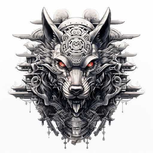 Samurai wolf head with skull shield