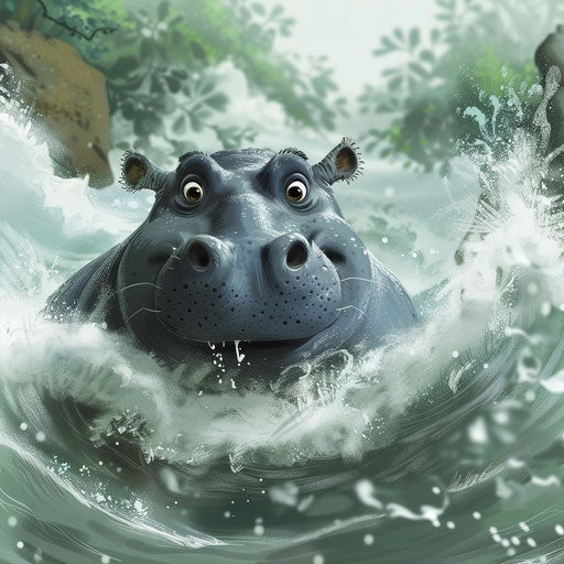 Hippo navigating rapids in fast-flowing river