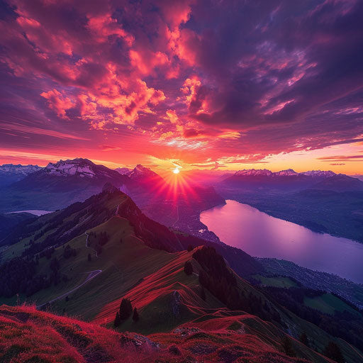 Vivid sunrise over Mount Rigi, fiery sky - D. Keochkerian