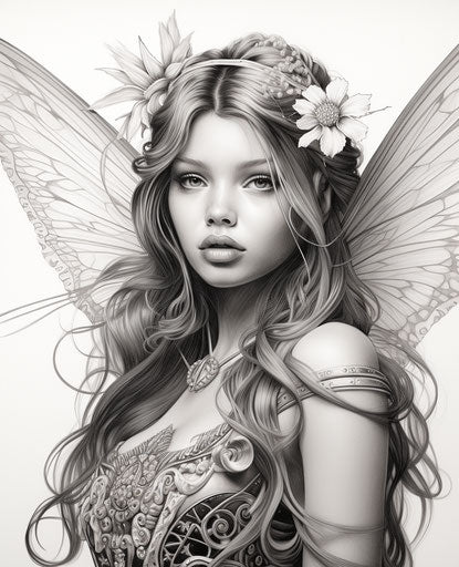 Fairy beauty with wing coloring page, detailed realistic style