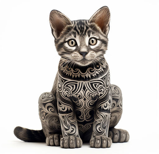 Black and gray tabby cat sitting on the floor against a white background