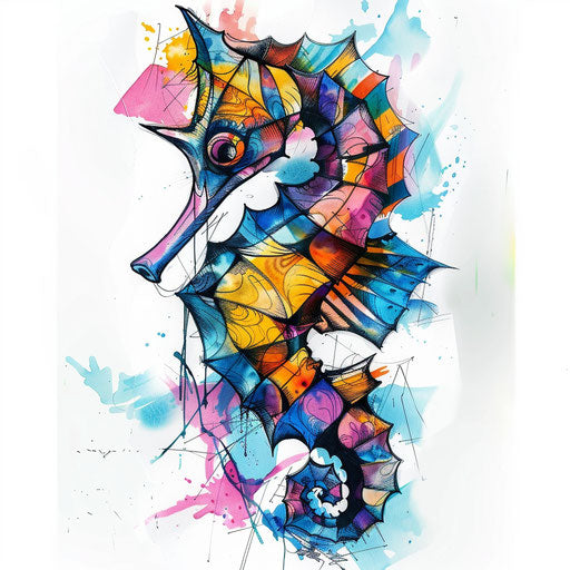 Abstract seahorse tattoo sketch with bright, fragmented geometric shapes in a clipart style