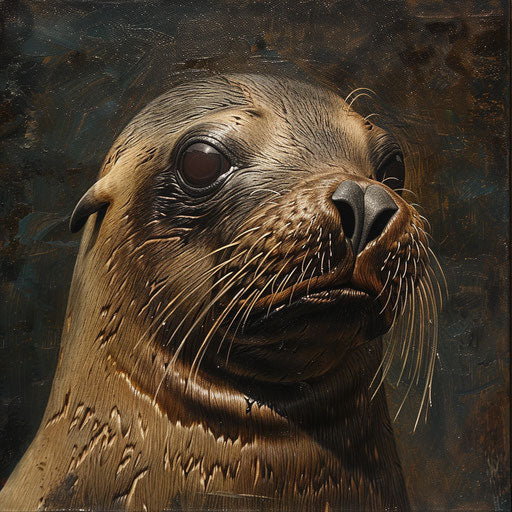Sea lion portrait with detailed fur and intense gaze