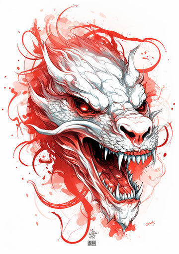 Oriental dragon on white background, luvleen vector image obec, in the style of jim mahfood, light red and red, adonna khare, unique yokai illustrations, loose linework, stencil-based 45:64