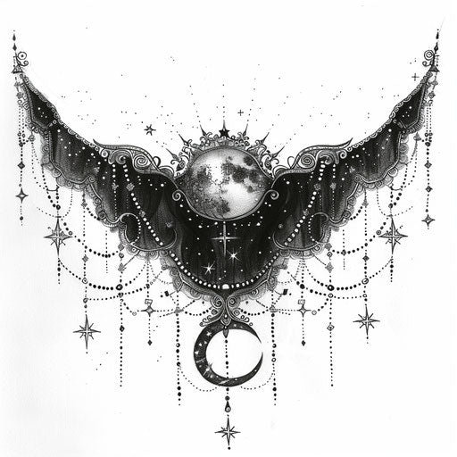 Celestial lace tattoo sketch with constellations and zodiac symbols