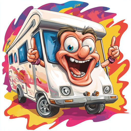 Humorous caricature of a caravan with human characteristics