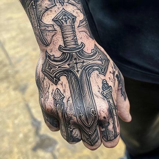 Cross tattoo on hand with medieval weaponry