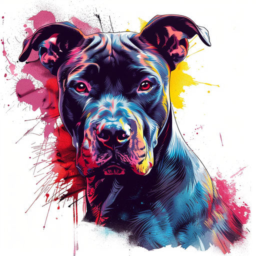 Graffiti-style pitbull tattoo design, spray paint effects, bold colors, white background.
